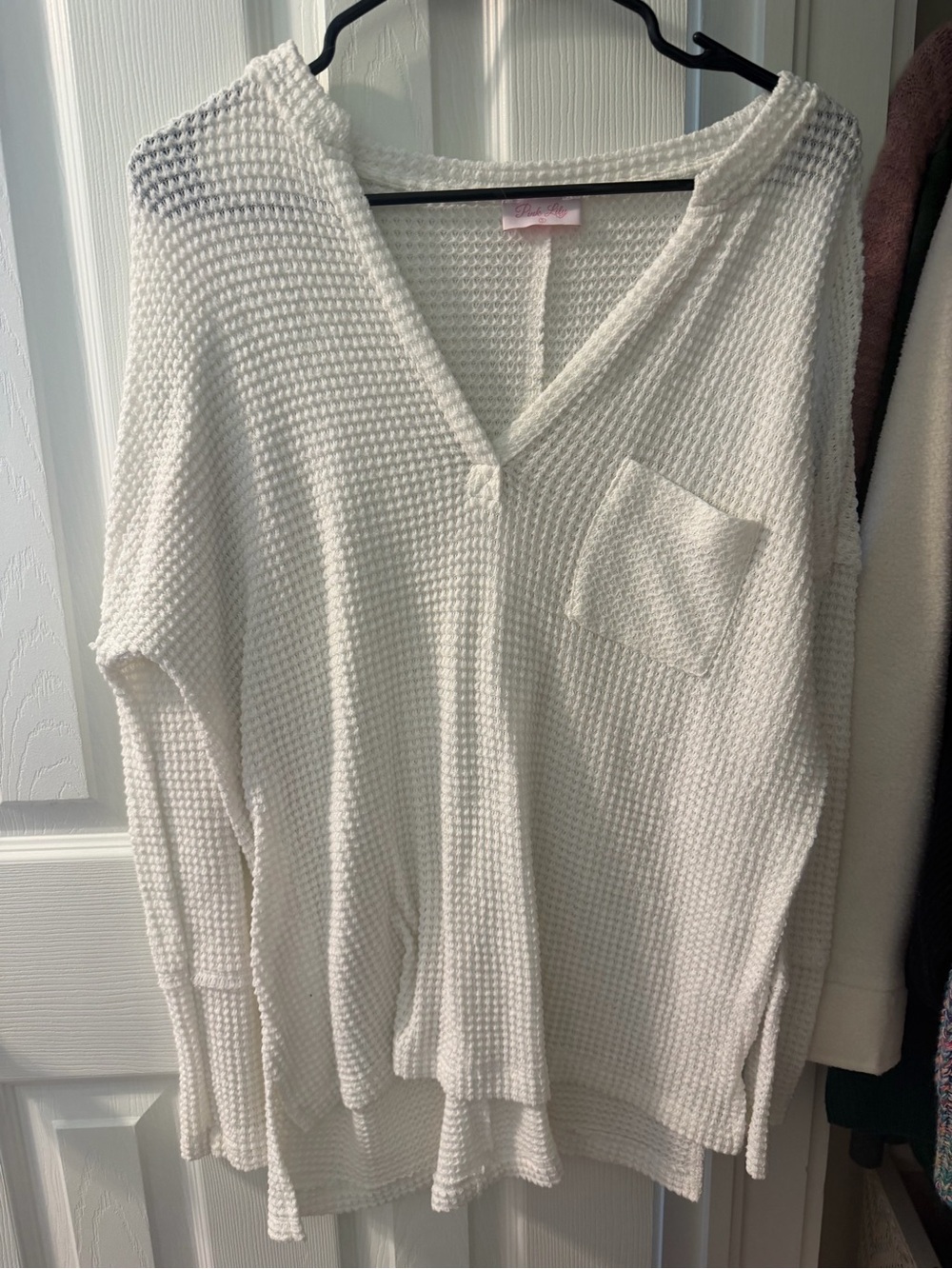 Pink Lily Cream Waffle V-Neck Sweater with Pocket